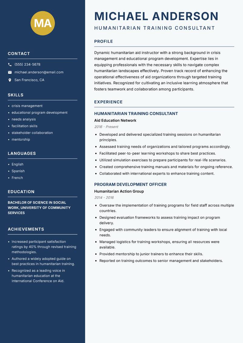 Humanitarian Aid Instructor resume template — Classic Clean