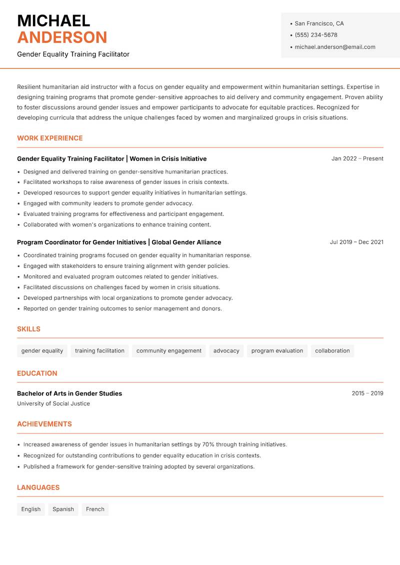 Humanitarian Aid Instructor resume template — Modern Professional