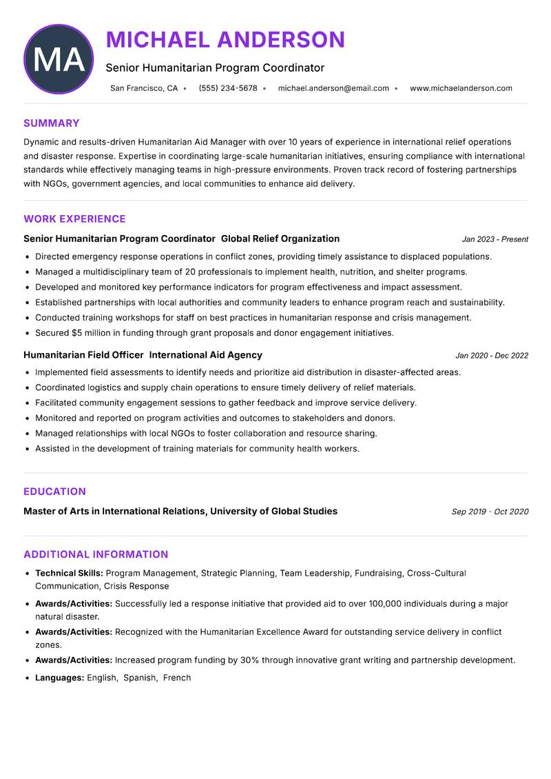 Humanitarian Aid Manager resume example — ATS-friendly template