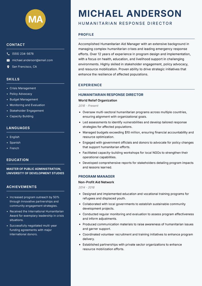 Humanitarian Aid Manager resume template — Classic Clean