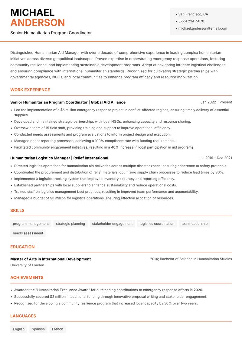 Humanitarian Aid Manager resume template — Modern Professional
