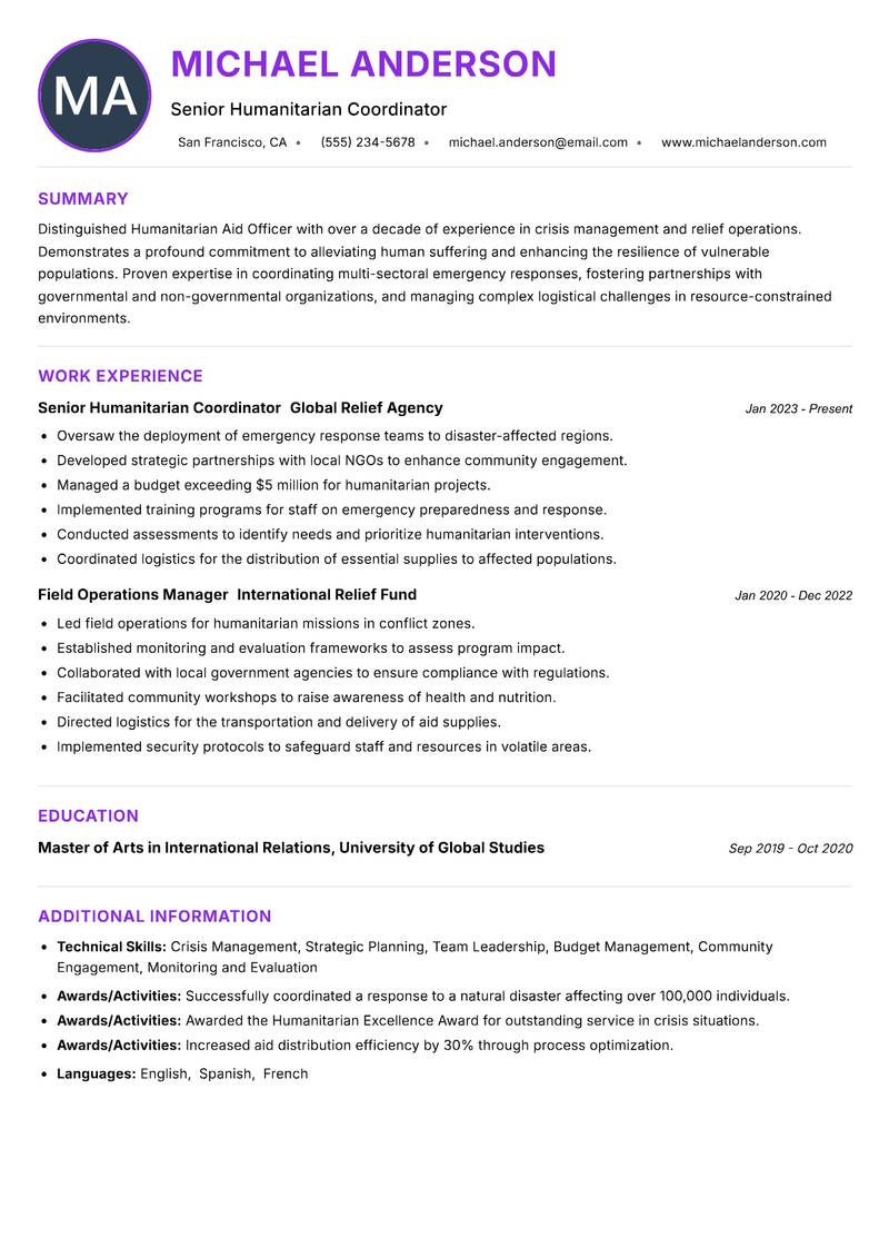 Humanitarian Aid Officer resume example — ATS-friendly template