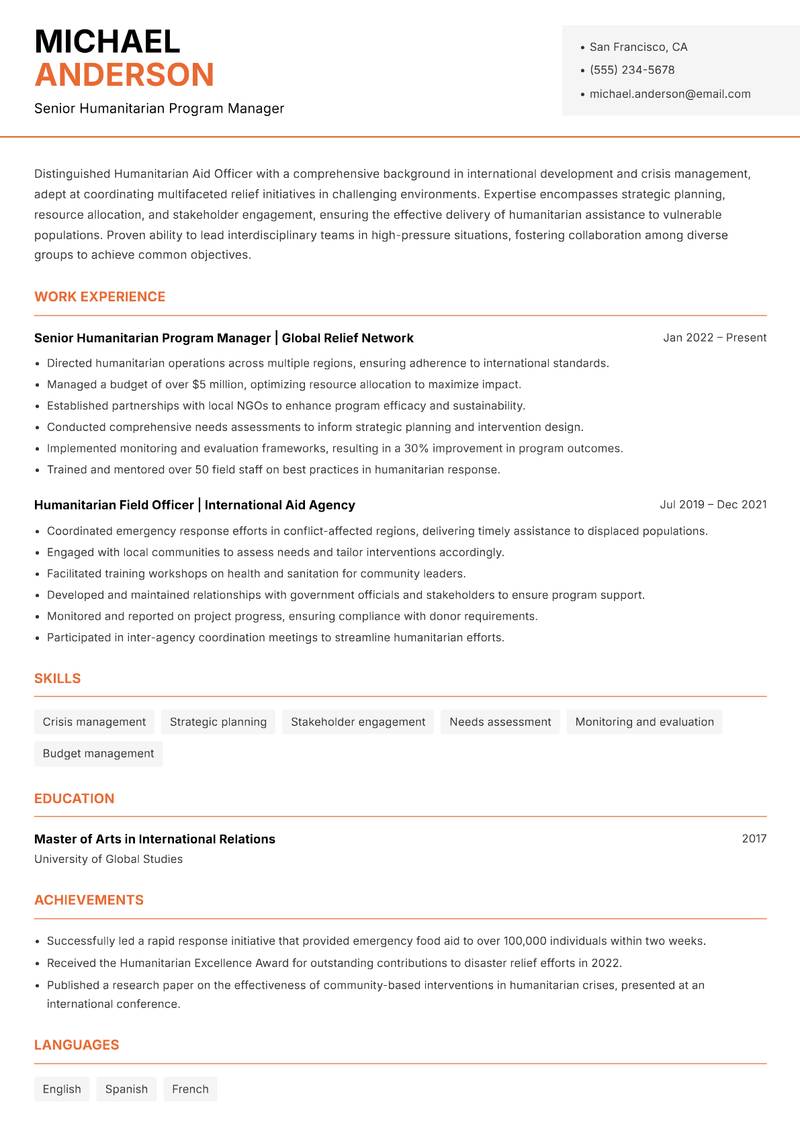 Humanitarian Aid Officer resume template — Modern Professional