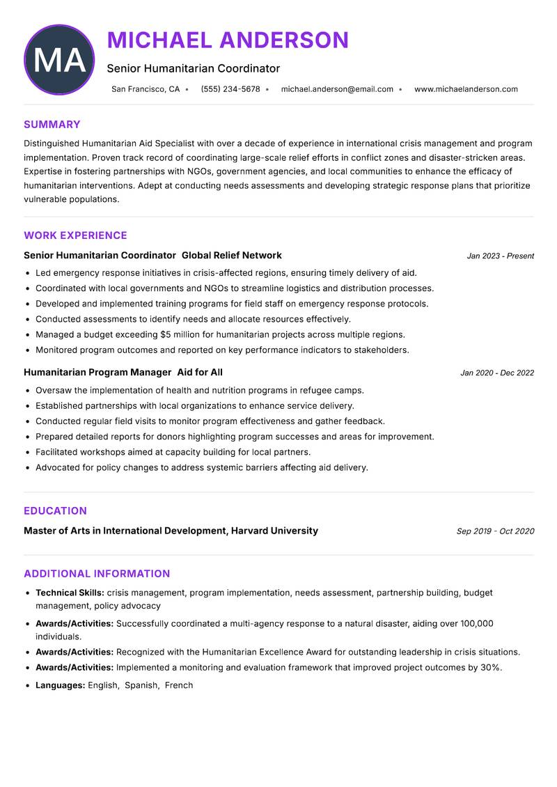 Humanitarian Aid Specialist resume example — ATS-friendly template