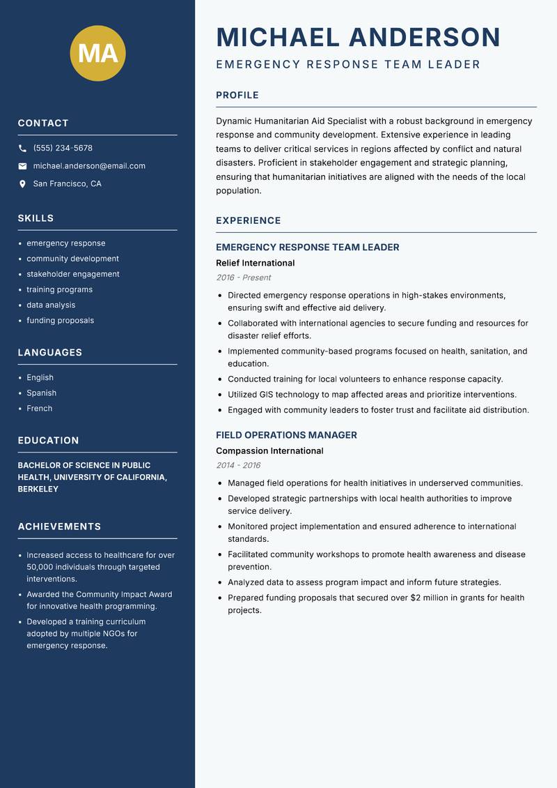 Humanitarian Aid Specialist resume template — Classic Clean