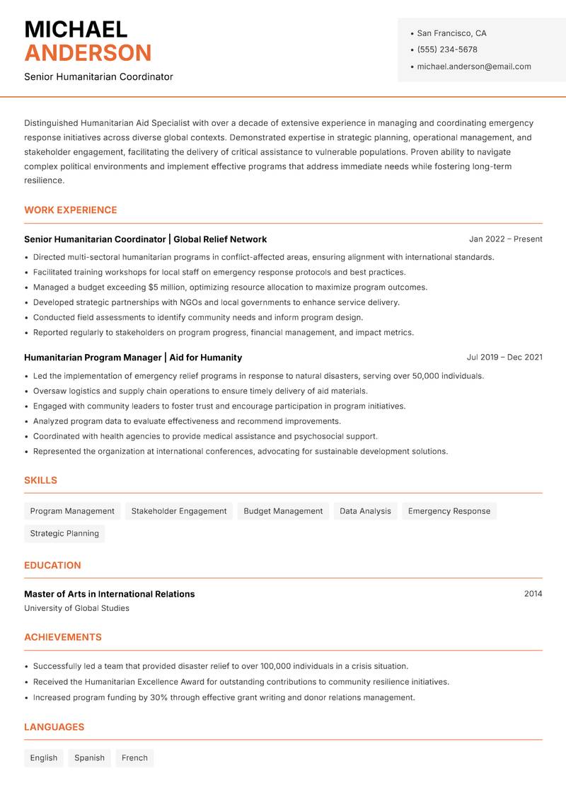 Humanitarian Aid Specialist resume template — Modern Professional