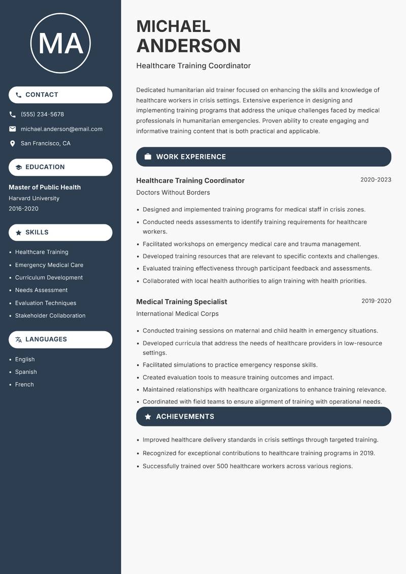 Humanitarian Aid Trainer resume template — Compact