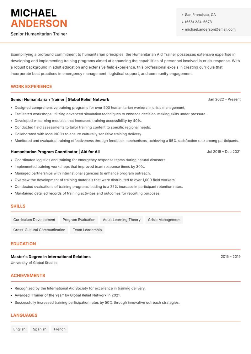Humanitarian Aid Trainer resume template — Modern Professional