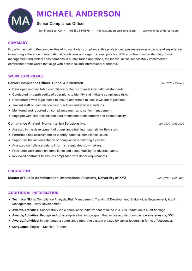 Humanitarian Compliance Officer resume example — ATS-friendly template