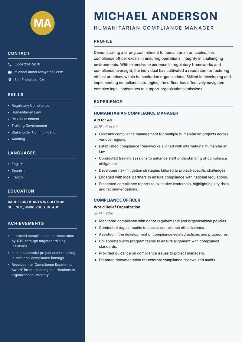 Humanitarian Compliance Officer resume template — Classic Clean