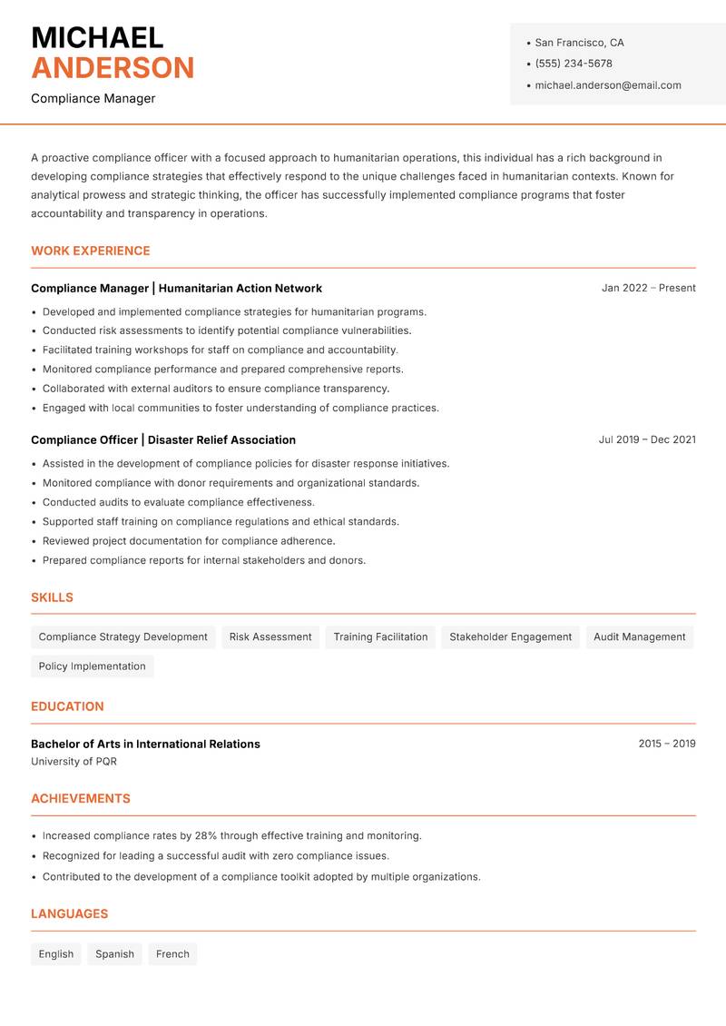 Humanitarian Compliance Officer resume template — Modern Professional