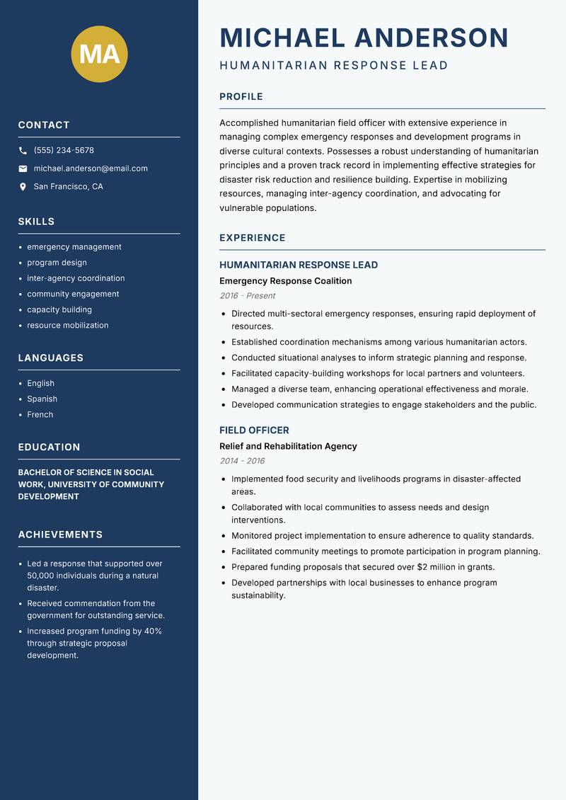 Humanitarian Field Officer resume template — Classic Clean