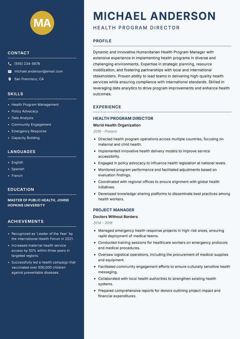 Humanitarian Health Program Manager resume template — Classic Clean