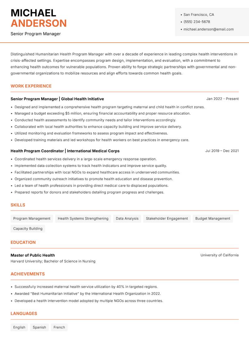 Humanitarian Health Program Manager resume template — Modern Professional