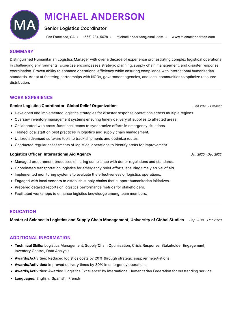 Humanitarian Logistics Manager resume example — ATS-friendly template