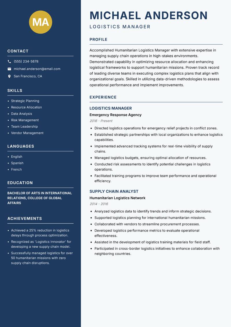Humanitarian Logistics Manager resume template — Classic Clean