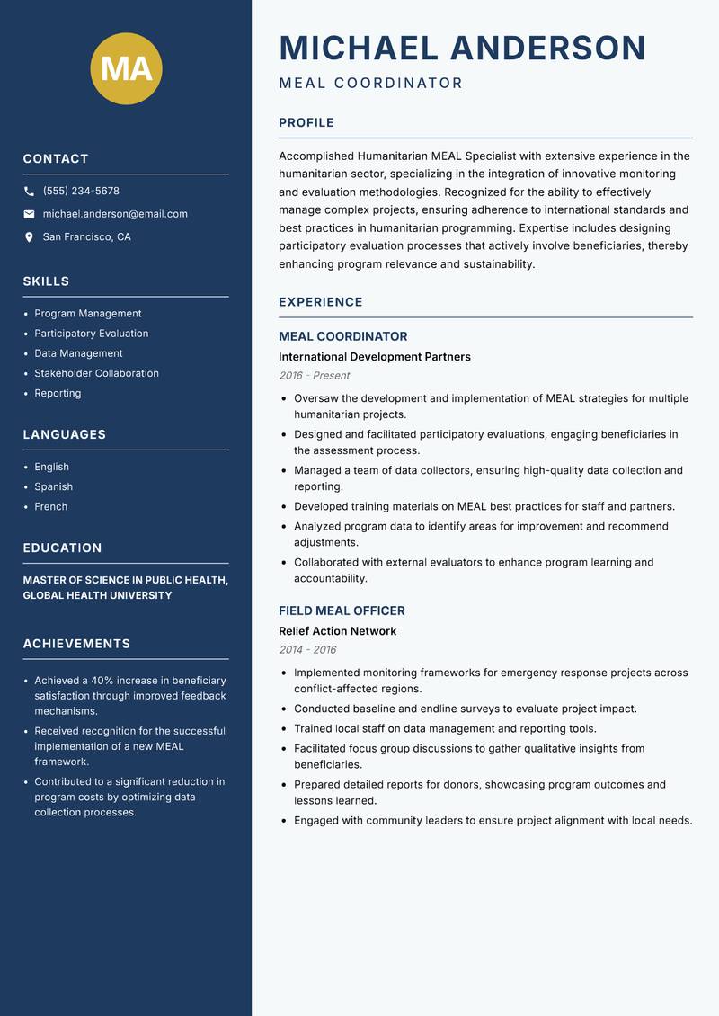 Humanitarian MEAL Specialist resume template — Classic Clean
