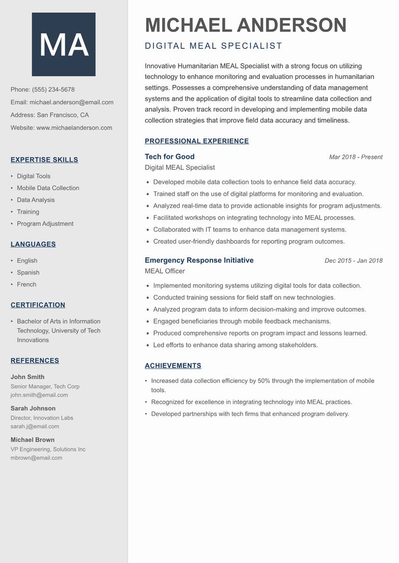 Humanitarian MEAL Specialist resume template — Creative Minimal