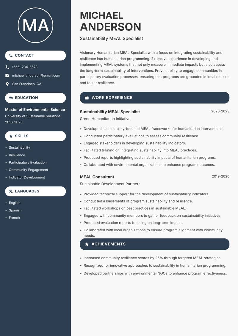 Humanitarian MEAL Specialist resume template — Compact
