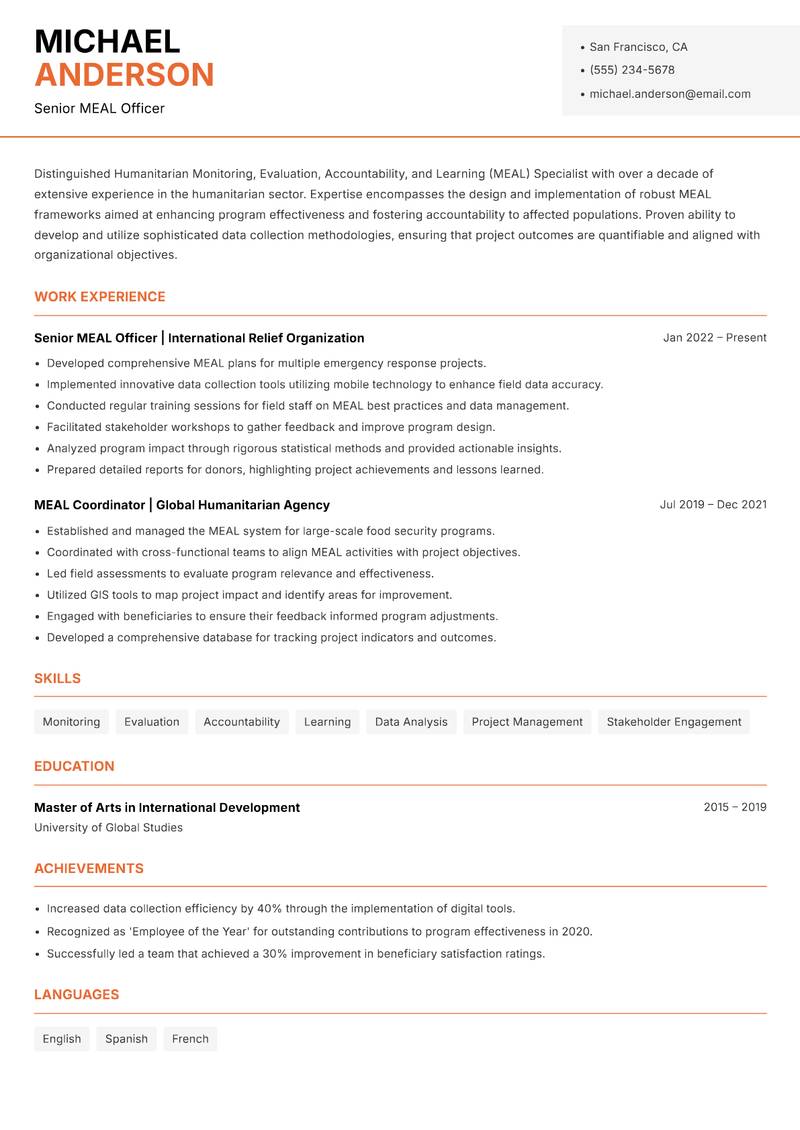 Humanitarian MEAL Specialist resume template — Modern Professional