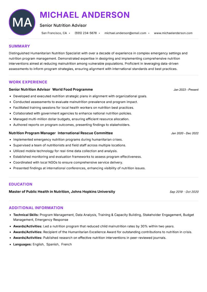 Humanitarian Nutrition Specialist resume example — ATS-friendly template