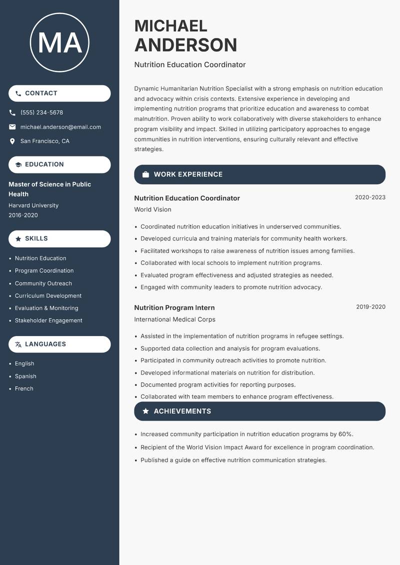 Humanitarian Nutrition Specialist resume template — Compact