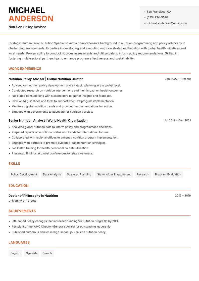 Humanitarian Nutrition Specialist resume template — Modern Professional