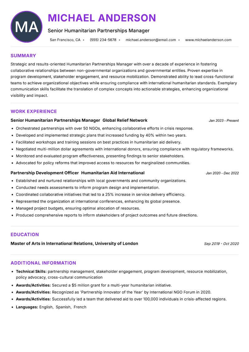 Humanitarian Partnerships Manager resume example — ATS-friendly template