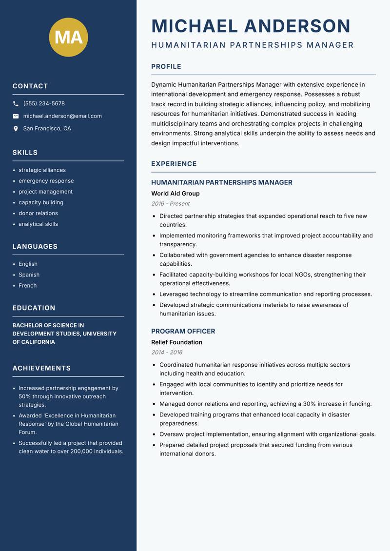 Humanitarian Partnerships Manager resume template — Classic Clean