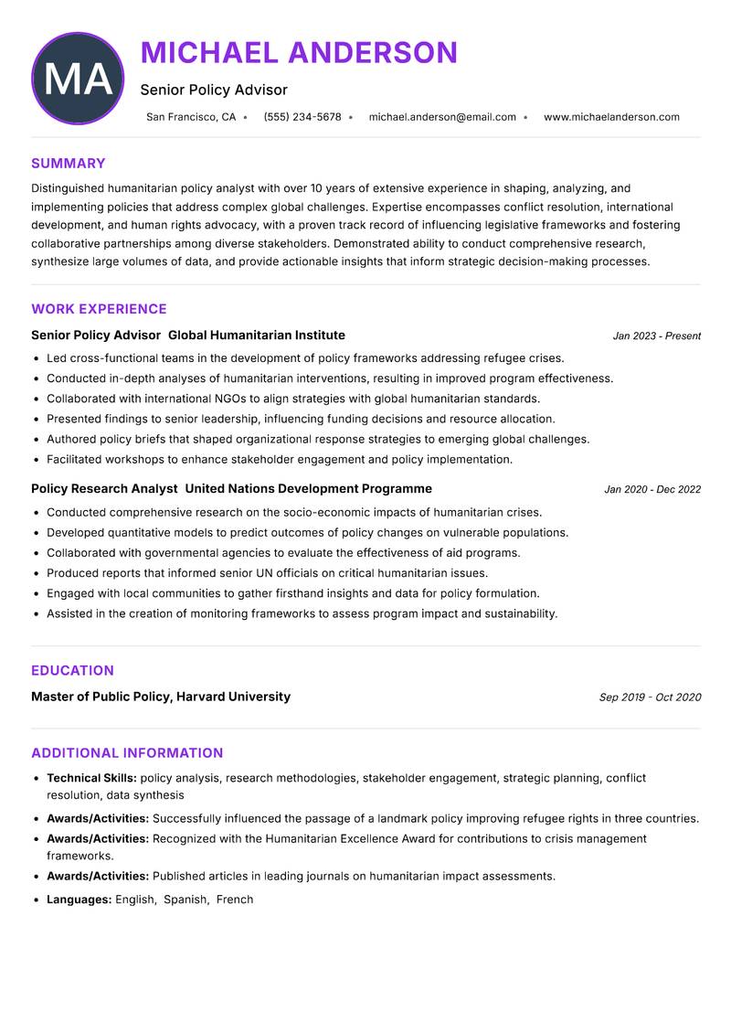 Humanitarian Policy Analyst resume example — ATS-friendly template