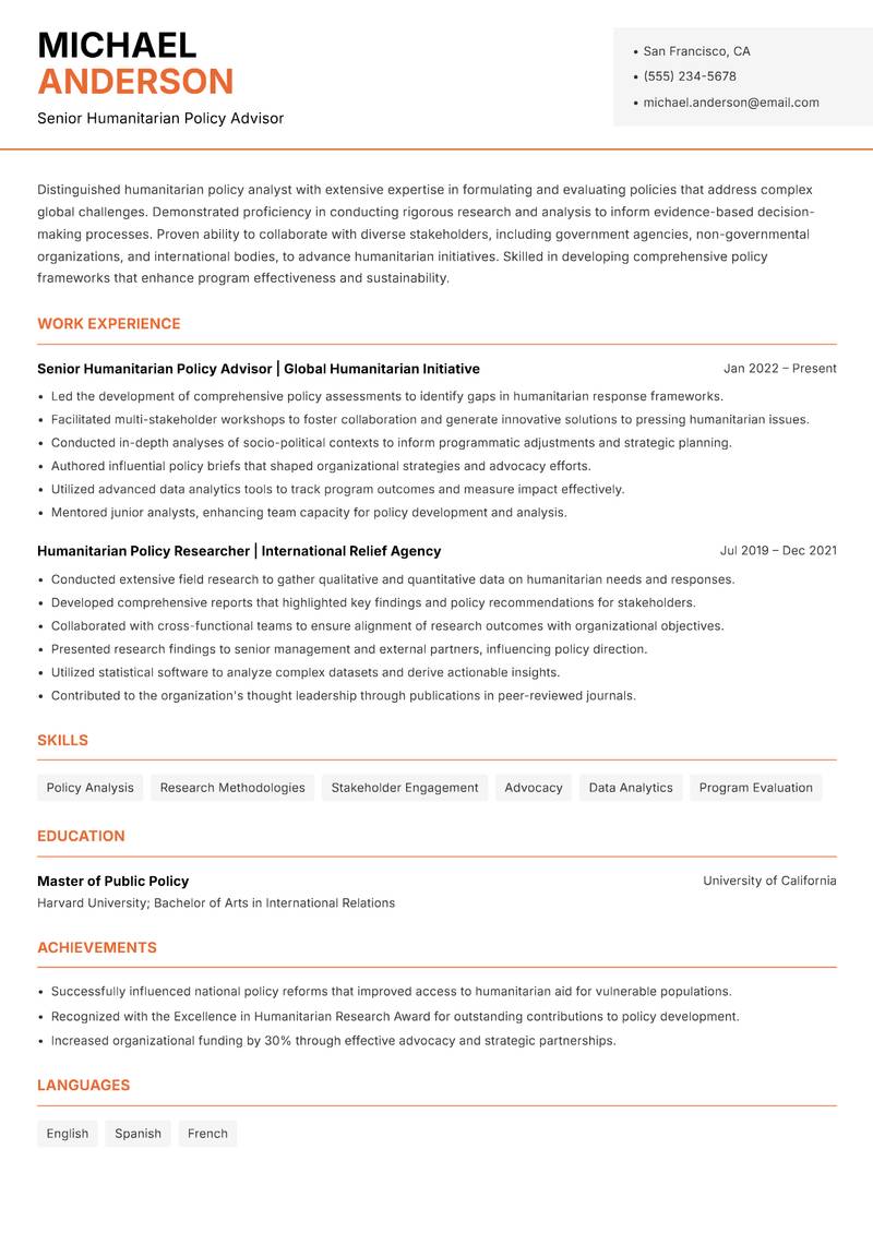 Humanitarian Policy Analyst resume template — Modern Professional