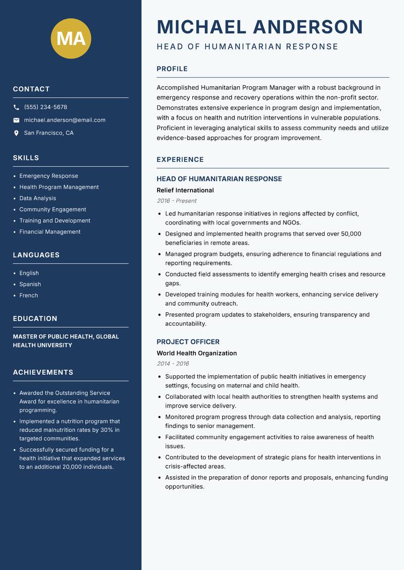 Humanitarian Program Manager resume template — Classic Clean
