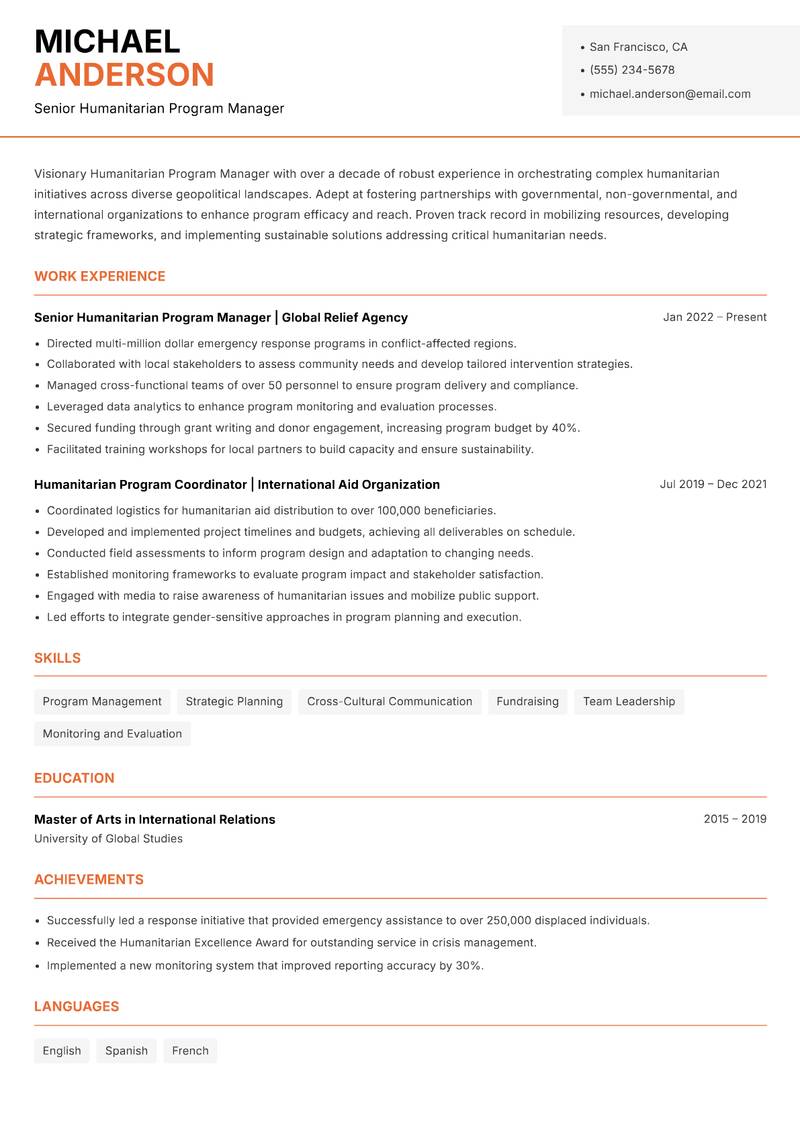 Humanitarian Program Manager resume template — Modern Professional