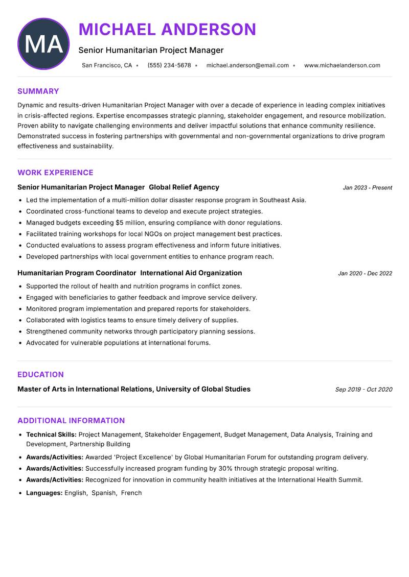 Humanitarian Project Manager resume example — ATS-friendly template