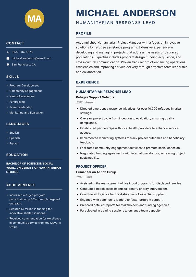 Humanitarian Project Manager resume template — Classic Clean