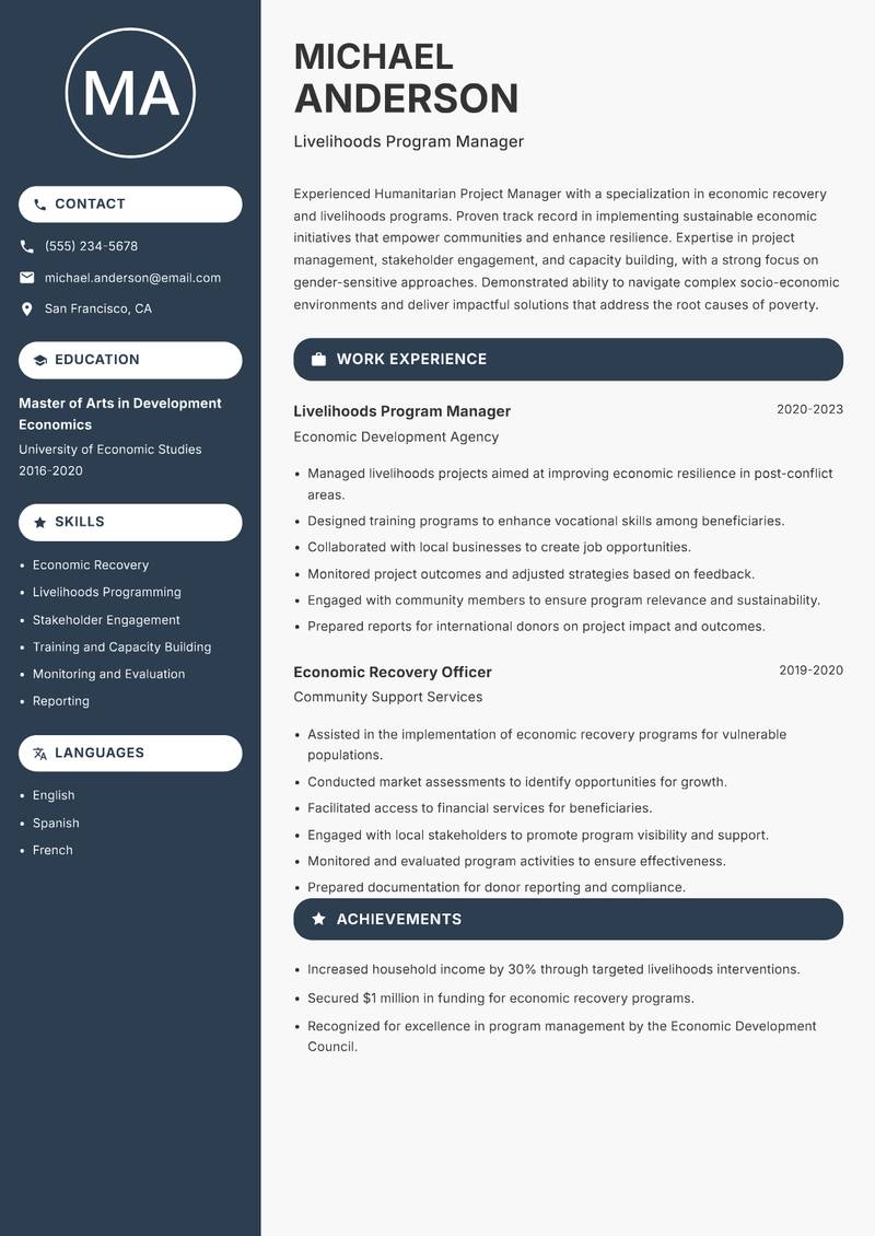 Humanitarian Project Manager resume template — Compact