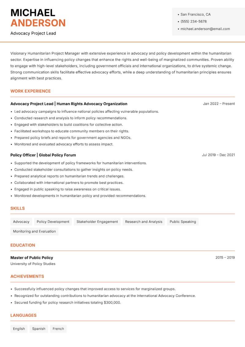 Humanitarian Project Manager resume template — Modern Professional