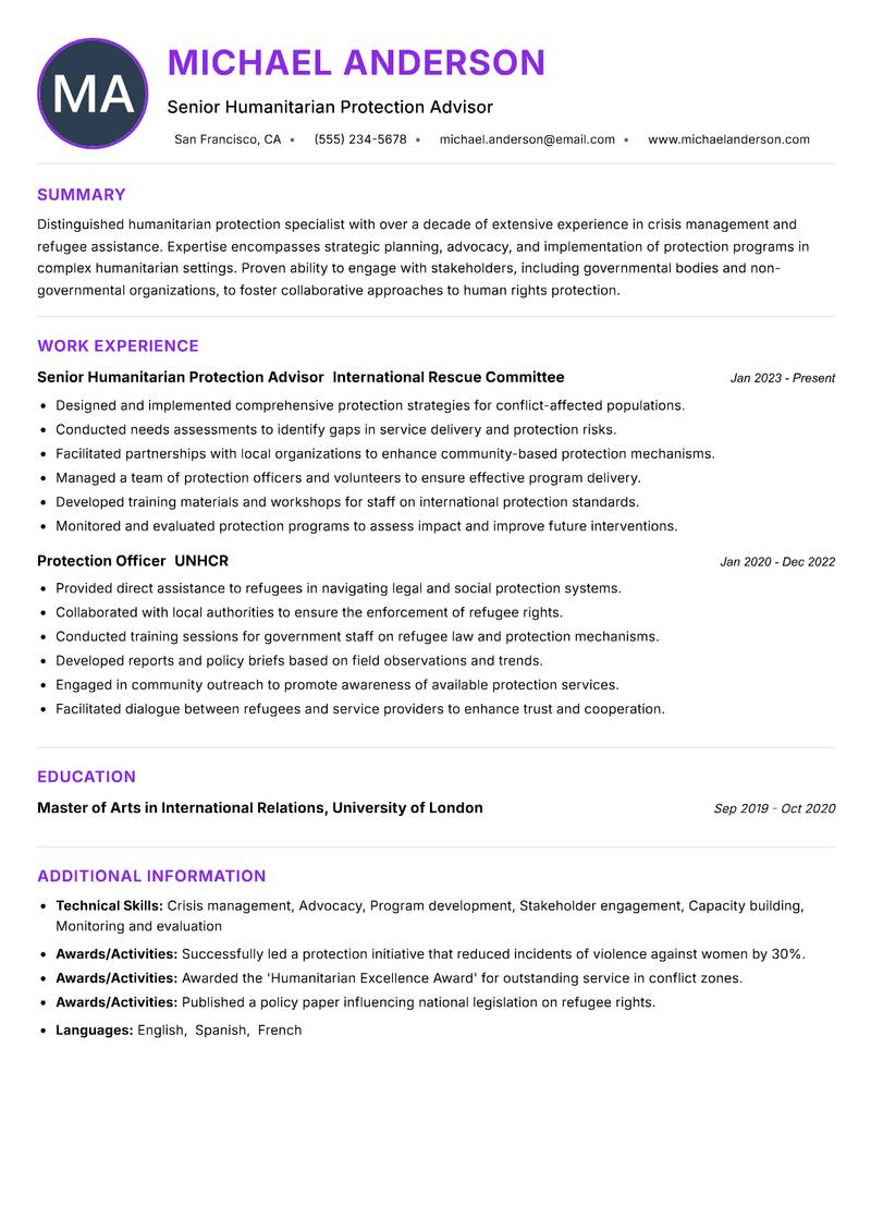 Humanitarian Protection Specialist resume example — ATS-friendly template