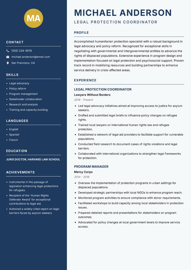 Humanitarian Protection Specialist resume template — Classic Clean