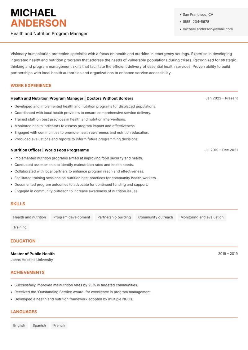 Humanitarian Protection Specialist resume template — Modern Professional