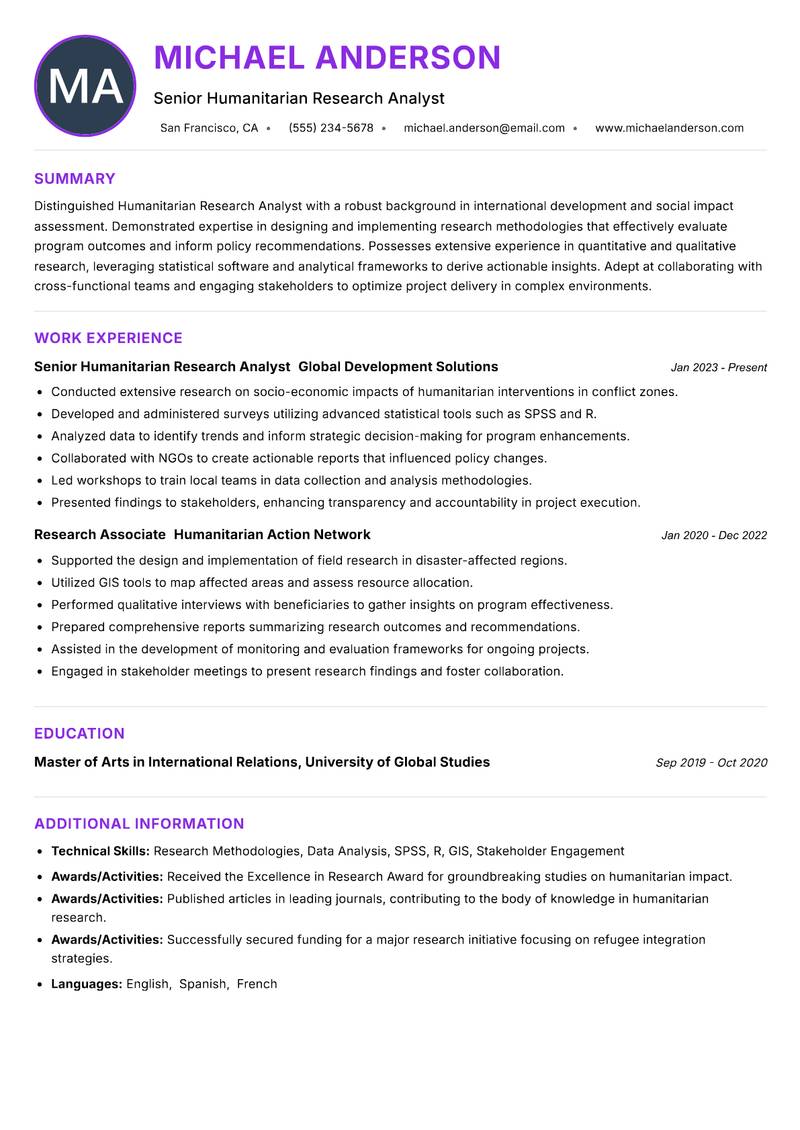 Humanitarian Research Analyst resume example — ATS-friendly template