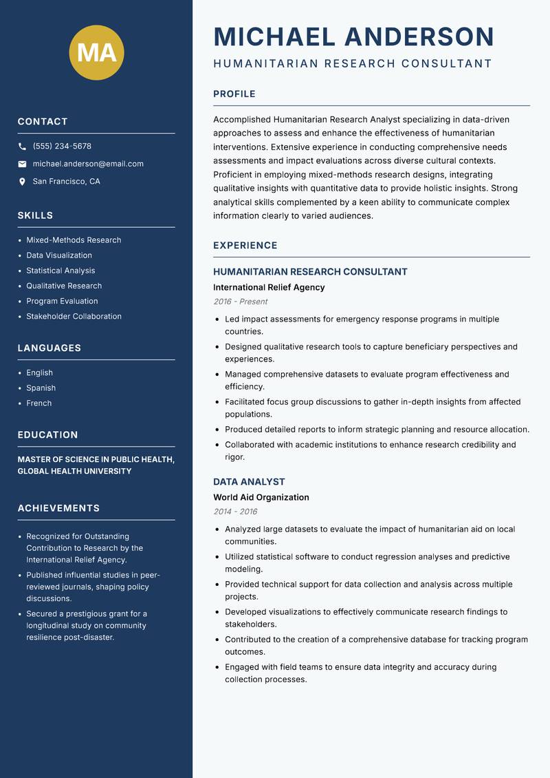 Humanitarian Research Analyst resume template — Classic Clean