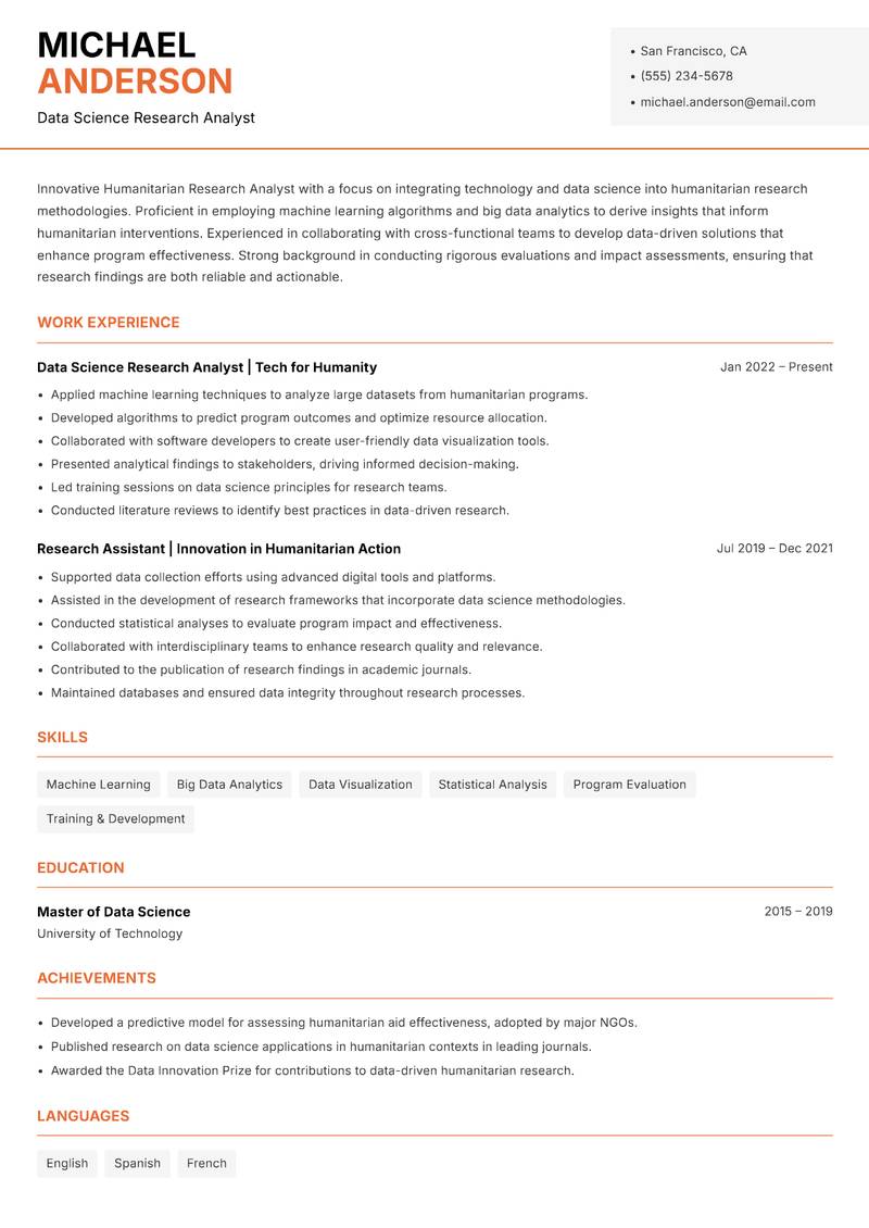 Humanitarian Research Analyst resume template — Modern Professional