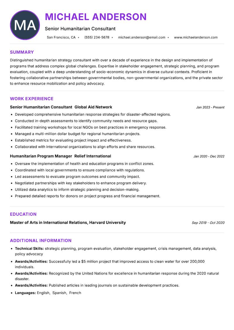 Humanitarian Strategy Consultant resume example — ATS-friendly template