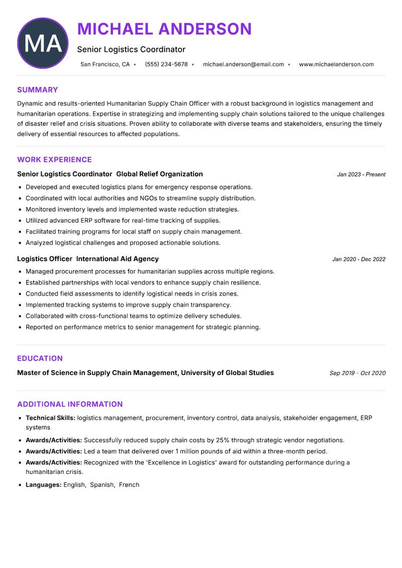 Humanitarian Supply Chain Officer resume example — ATS-friendly template