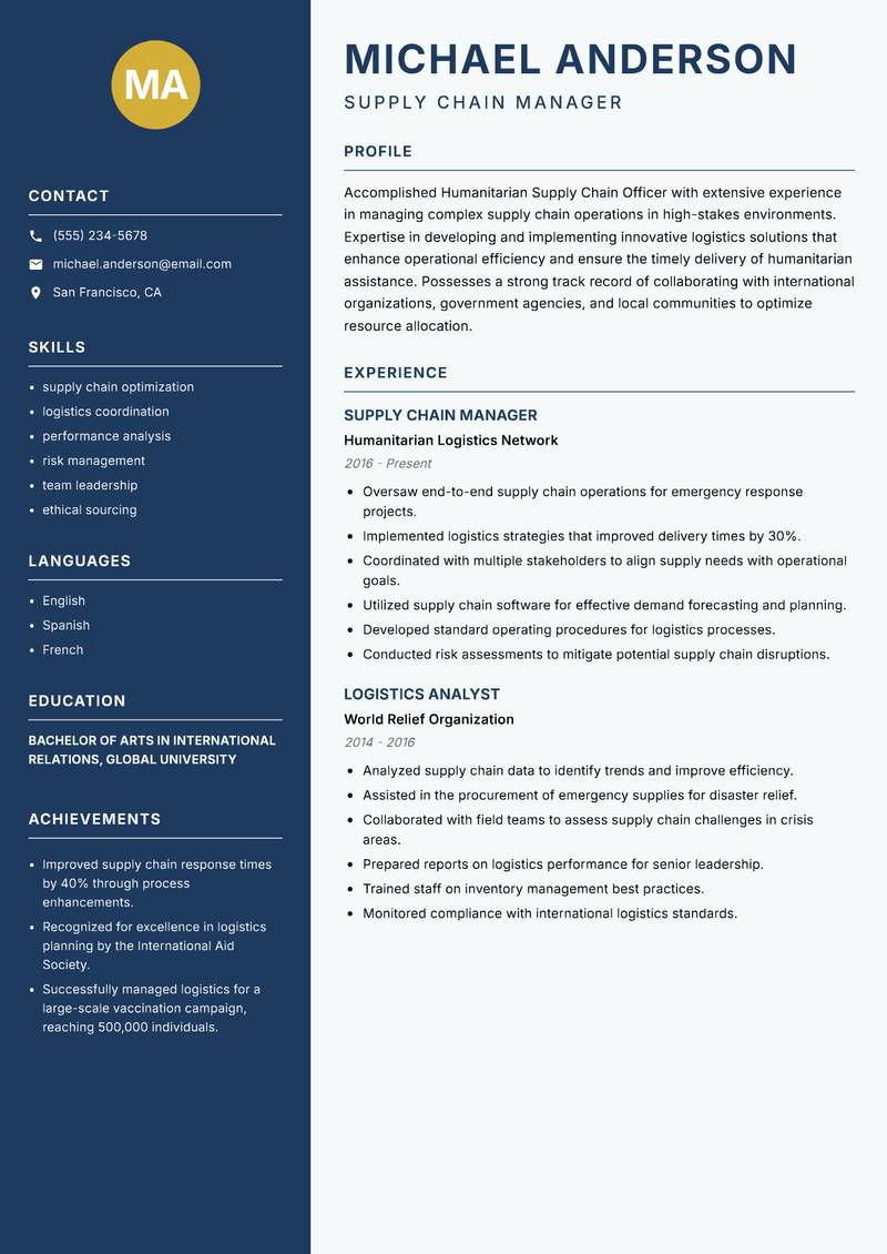Humanitarian Supply Chain Officer resume template — Classic Clean