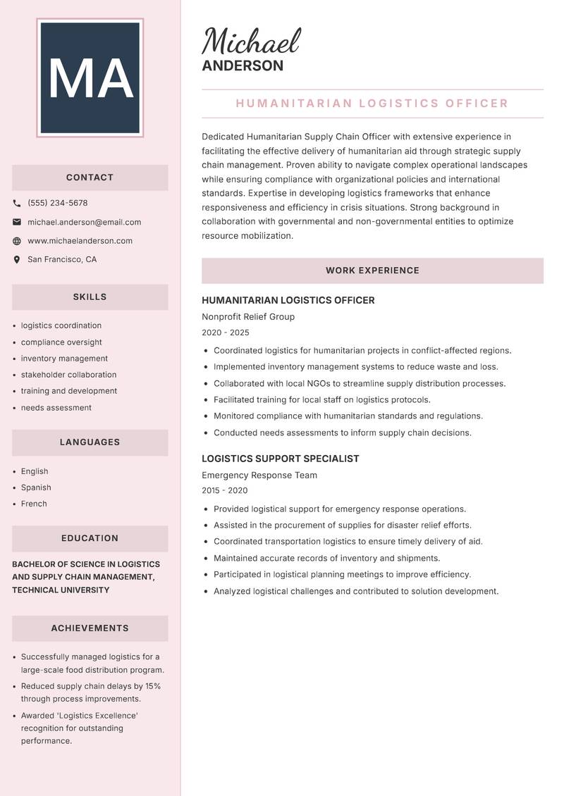 Humanitarian Supply Chain Officer resume template — Executive