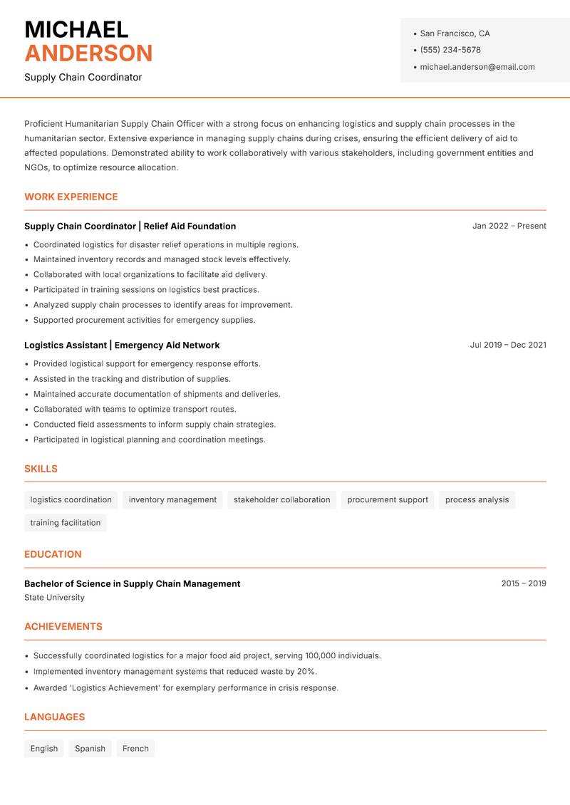 Humanitarian Supply Chain Officer resume template — Modern Professional