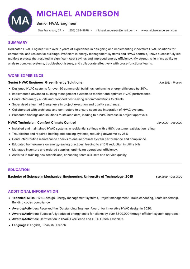 HVAC Engineer resume example — ATS-friendly template