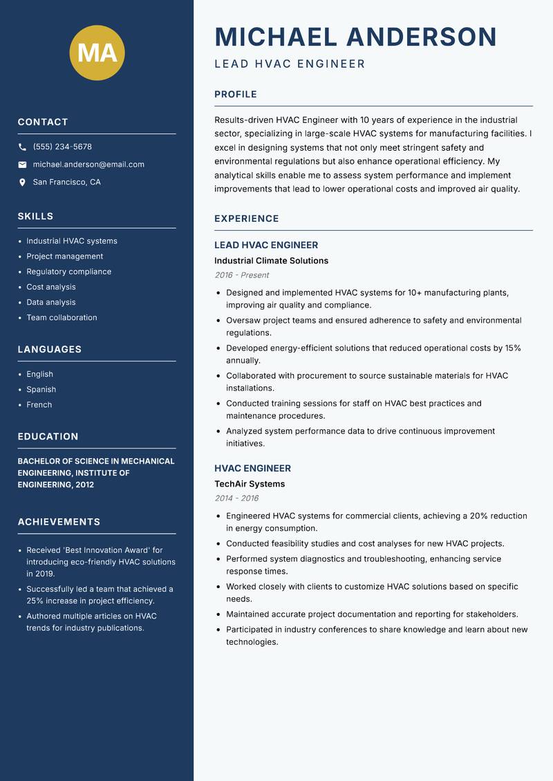 HVAC Engineer resume template — Classic Clean